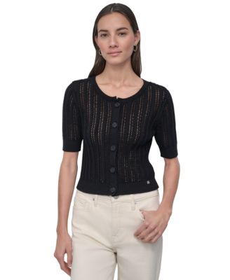 DKNY Jeans - Women's Crewneck Short-Sleeve Cardigan Cable Pointelle Cardigan Sweater