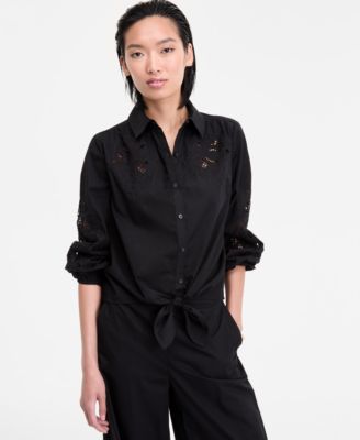 I.N.C. International Concepts - Women's Eyelet Cotton Tie-Front Blouse, Exclusively at Macy's