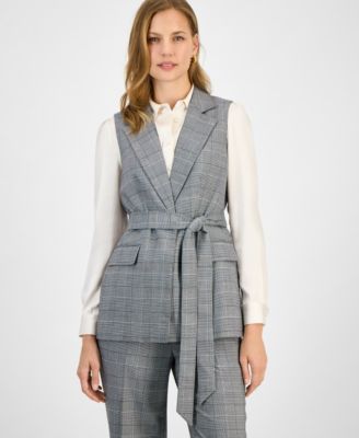Kasper - Petite Checkered-Print Belted Vest