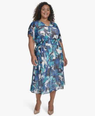 DKNY - Plus Size Printed Flutter-Sleeve Midi Dress
