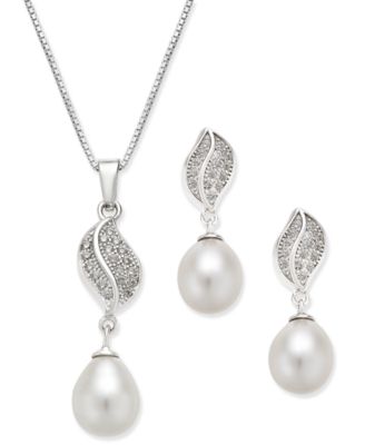 Macy's - Cultured Freshwater Pearl (7x9mm) and Cubic Zirconia Pendant Necklace and Matching Drop Earrings Set in Sterling Silver