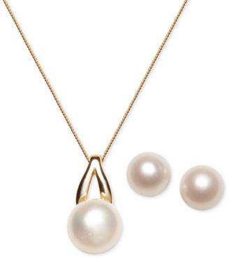 Macy's - 2-Pc. Set Cultured Freshwater Pearl (9-1/2 & 12-1/2mm) Pendant Necklace & Matching Stud Earrings Set in 18k Gold-Plated Sterling Silver