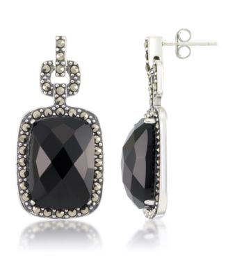 Macy's - Marcasite and Faceted Onyx Square Post Earrings in Sterling Silver