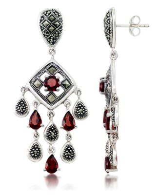 Macy's - Marcasite and Garnet (3-3/4 ct. t.w.) Chandelier Post Earrings in Sterling Silver