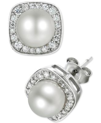 Macy's - Cultured Freshwater Pearl (6mm) and Diamond (1/4 ct. t.w.) Stud Earrings in 14k White Gold