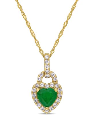 Macy's - Emerald (5/8 ct. t.w.) & Diamond (1/4 ct. t.w.) Heart Lock 17" Pendant Necklace in 14k Gold