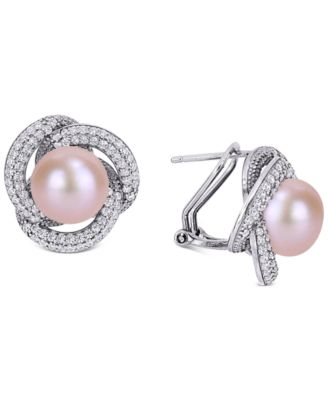 Macy's - Pink Cultured Freshwater Pearl (10-1/2mm) & Cubic Zirconia Love Knot Stud Earrings in Sterling Silver