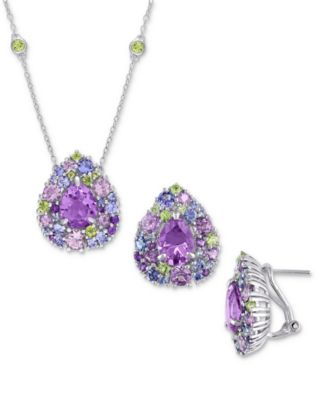Macy's - 2-Pc. Set Multi-Gemstone (13-1/3 ct. t.w.) Teardrop Halo Cluster Pendant Necklace & Matching Stud Earrings in Sterling Silver