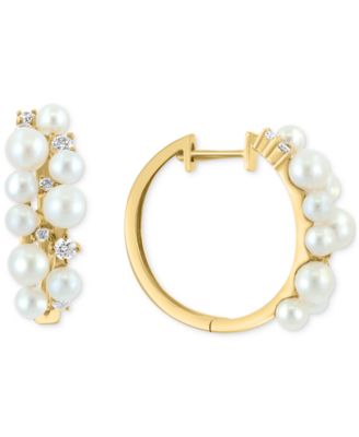EFFY Collection - Freshwater Pearl (3-4mm) & Diamond (1/3 ct. t.w.) Small Cluster Hoop Earrings in 14k Gold, 0.75"