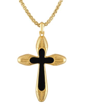Bulova - Men's Icon Black Agate Cross Pendant Necklace in 14k Gold-Plated Sterling Silver, 24" + 2" extender