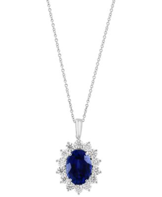 EFFY Collection - Lab Grown Sapphire (6-1/5 ct. t.w.) & Lab Grown Diamond (2-1/20 ct. t.w.) Halo 18" Pendant Necklace in 14k White Gold