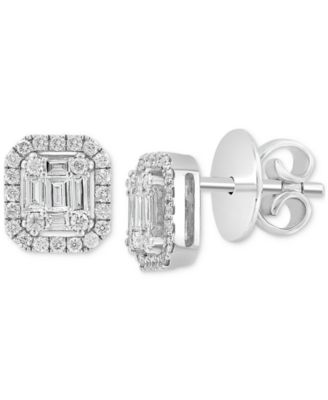 EFFY Collection - Certified Diamond Baguette & Round Halo Cluster Stud Earrings (3/8 ct. t.w.) in 14k White Gold