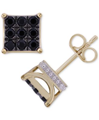 Macy's - Men's Black Diamond Square Cluster Stud Earrings (1 ct. t.w.) in 10k Gold