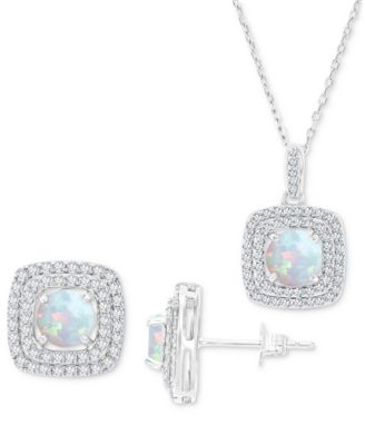 Macy's - 2-Pc. Set Lab-Grown Opal (1-1/5 ct. t.w.) & Lab-Grown White Sapphire (7/8 ct. t.w.) Square Halo Pendant Necklace & Matching Stud Earrings in Sterling Silver