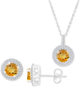 Macy's - 2-Pc. Set Citrine (2-5/8 ct. t.w.) & Lab-Grown White Sapphire (1 ct. t.w.) Halo Pendant Necklace & Matching Stud Earrings in Sterling Silver