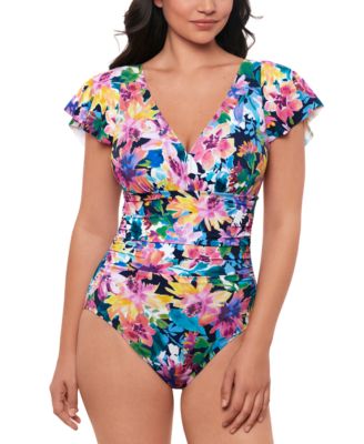 Swim Solutions - Women's Garden Dreams Flutter-Sleeve One-Piece Swimsuit