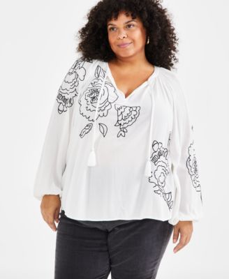Style & Co - Plus Size Floral-Embroidered Popover Blouse