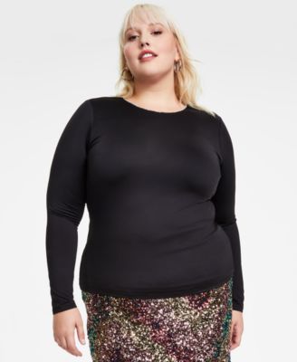 Bar III - Trendy Plus Size Rhinestone-Trim Long-Sleeve Top