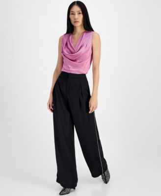 I.N.C. International Concepts - Women's High-Rise Rhinestone-Trim Wide-Leg Pants