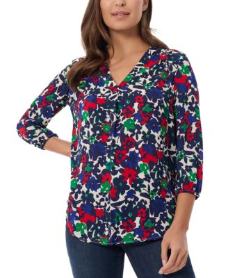Jones New York - Petite Floral Print Blouson-Sleeve V-Neck Blouse