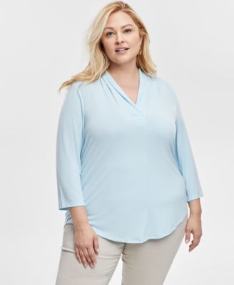 JM Collection - Plus Size Solid V-Neck 3/4-Sleeve Top