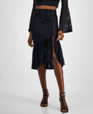 GUESS - Women's Dominique Asymmetric-Ruffle-Hem Lace Skirt