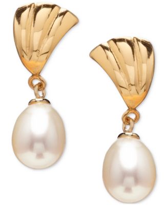 Macy's - Cultured Freshwater Pearl (7.5-9.5mm) Ridged Fan Drop Earrings in 18k Gold over Sterling Silver