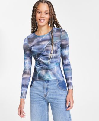 Bar III - Women's Printed Long-Sleeve Ruched Mesh Top