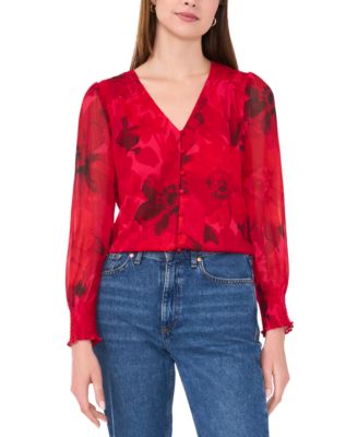 Sam & Jess - Leopard-Print V-Neck Smocked-Shoulder Top