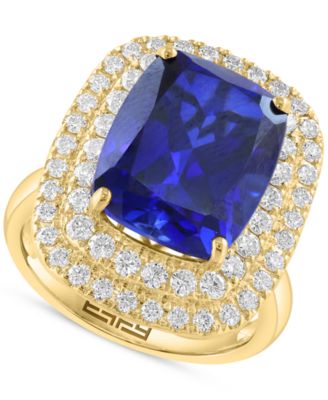 EFFY Collection - Cushion-Cut Lab Grown Blue Sapphire (6-5/8 ct. t.w.) & Lab Grown Diamond (1-1/10 ct. t.w.) Double Halo Ring in 14k Yellow Gold