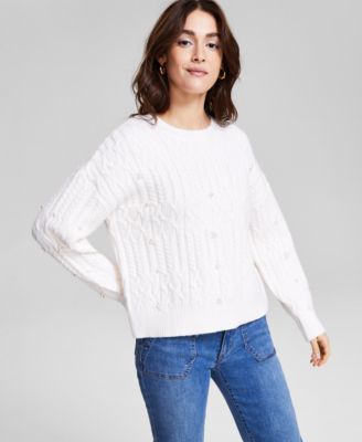 And Now This - Women's Pearl-Embellished Cable-Knit Sweater
