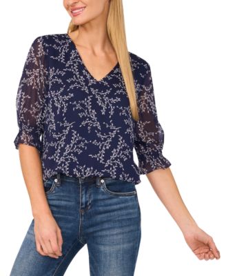 CeCe - Women's Printed V-Neck Smocked-Cuff Blouse