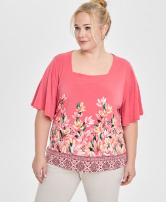 JM Collection - Women's Printed Square-Neck Short-Sleeve Top