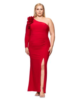 XSCAPE - Plus Size Ruffled One-Shoulder Jersey Gown