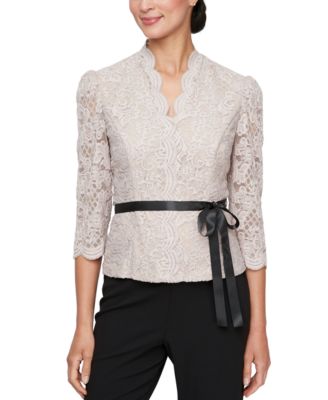 Alex Evenings - Women's Lace Belted 3/4-Sleeve Blouse
