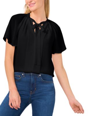 CeCe - Women's Raglan Flutter-Sleeve Pleated Bow Blouse