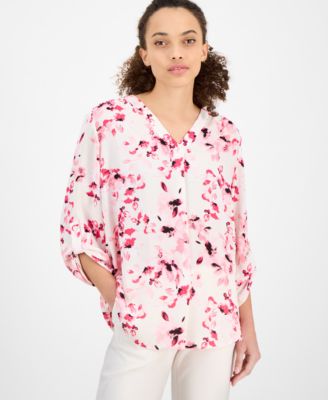 AK Anne Klein - Women's Printed V-Neck Roll-Tab Blouse