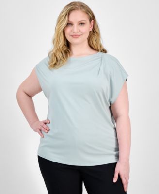 Anne Klein - Plus Size Pleat-Neck Short-Sleeve Blouse