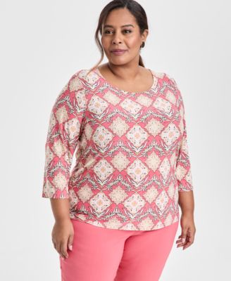 JM Collection - Plus Size Grateful Jacquard 3/4-Sleeve Top