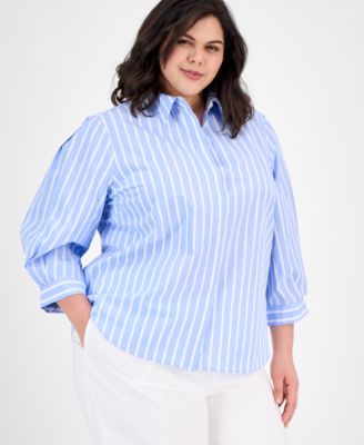 Anne Klein - Plus Size Cotton Striped 3/4-Sleeve Shirt