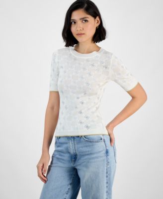 GUESS - Women's Rosie Four-G Rhinestone Short-Sleeve Sweater