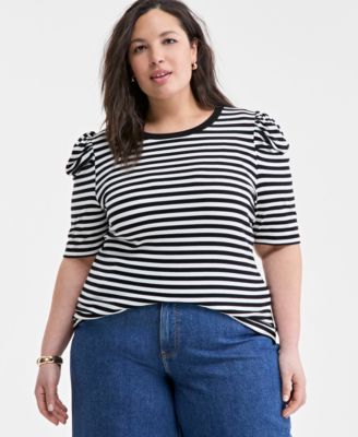 On 34th - Trendy Plus Size Striped Puff-Shoulder Top