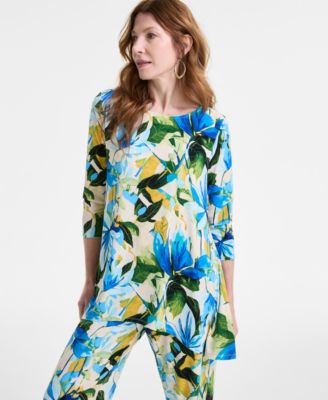 JM Collection - Women's Monet Magnolia Printed Swing Top