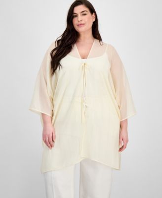 Anne Klein - Plus Size Shimmer-Texture  Open-Front Scarf Kimono Cardigan
