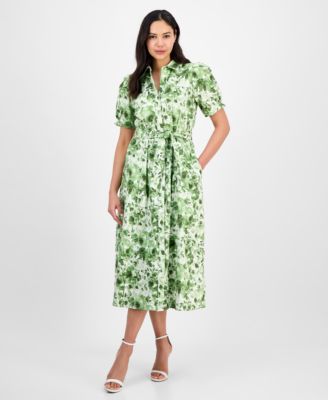 Anne Klein - Women's Cotton Puff-Sleeve Belted Shirtdress