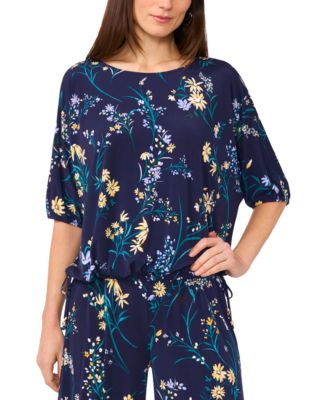 Sam & Jess - Women's Printed Round-Neck Puff-Sleeve Side-Tie Top