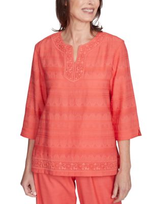 Alfred Dunner - Petite Lace-Trim Split-Neck 3/4-Sleeve Top
