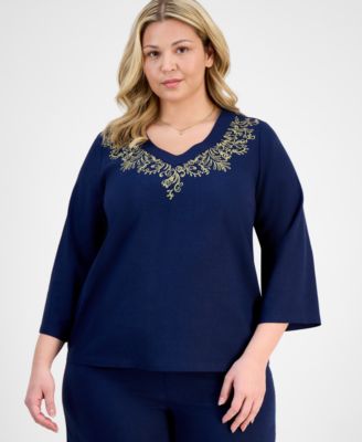 JM Collection - Plus Size Metallic Embroidered V-Neck Top