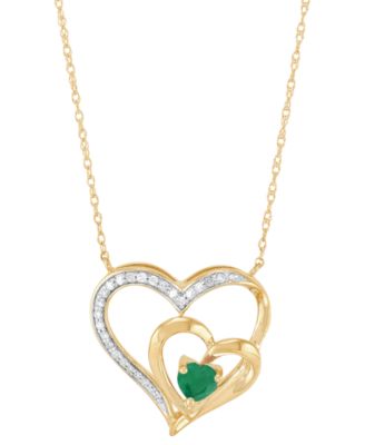 Macy's - Emerald (1/3 ct. t.w.) & Diamond (1/10 ct. t.w.) Double Heart 18" Pendant Necklace in 14k Gold