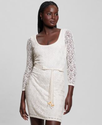 GUESS - Women's Kara Scoop-Neck 3/4-Sleeve Belted Dress